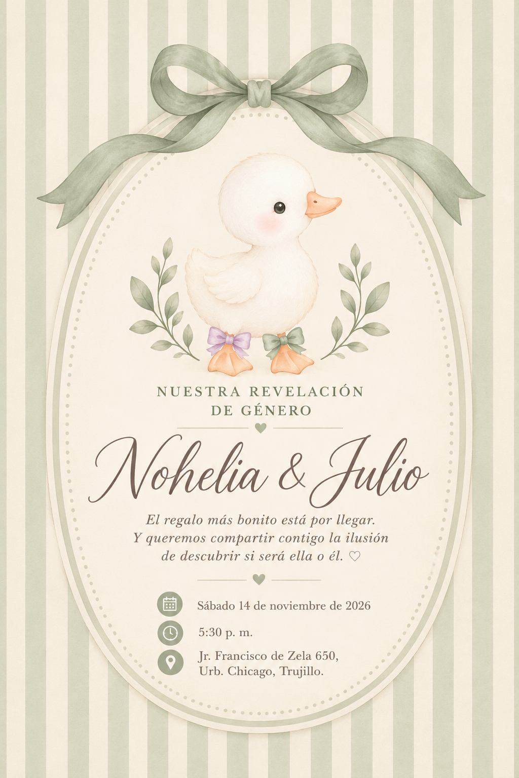Portada de Nohelia y Julio con patito y rayas verde salvia y crema
